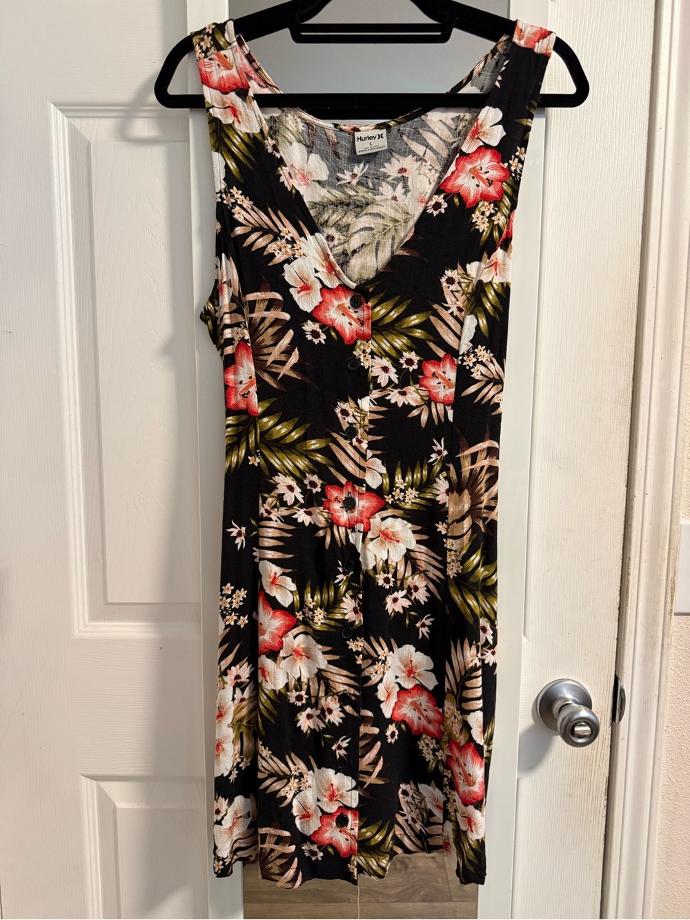 Hurley Black Floral V-Neck Sleeveless Dress with Red and Cream Blooms